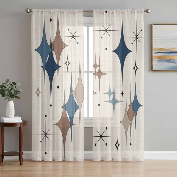 Brown Green Diamond Sheer Curtains 72 Inch Length 2 Panels Set Window Treatments, Modern Geometric Middle Century Beige Rod Pocket Semi Curtains for Living Room/Bedroom/Kitchen Décor, 104"W x 72"L