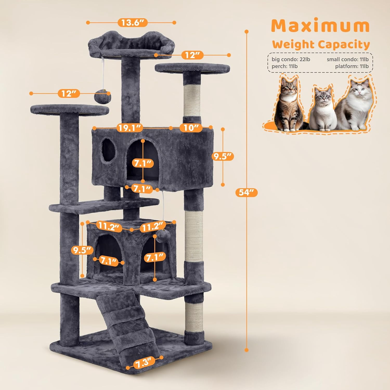 54in Cat Tree, Multi-Level Cat Tower with Spacious Kitten-ear Perch, 2 Cozy Caves, Scratching Posts, Climbing Ladder, 2 Plush Balls, Durable Pet House Furniture for Indoor Kittens, Dark Gray