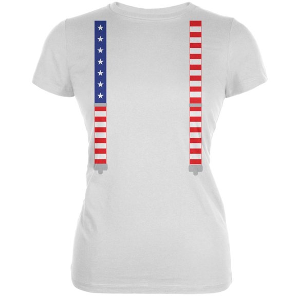 4th of July American Flag Suspenders White Juniors Soft T-Shirt - 2X-Large