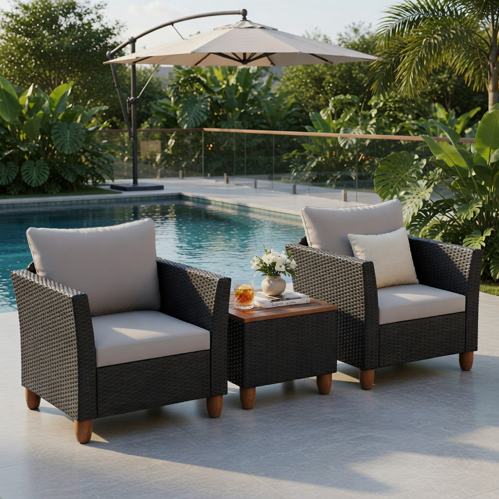 Hommoo 3-Piece Outdoor Wicker Patio Furniture Set with Gray Cushions & Solid Acacia Wood Coffee Table, Gray