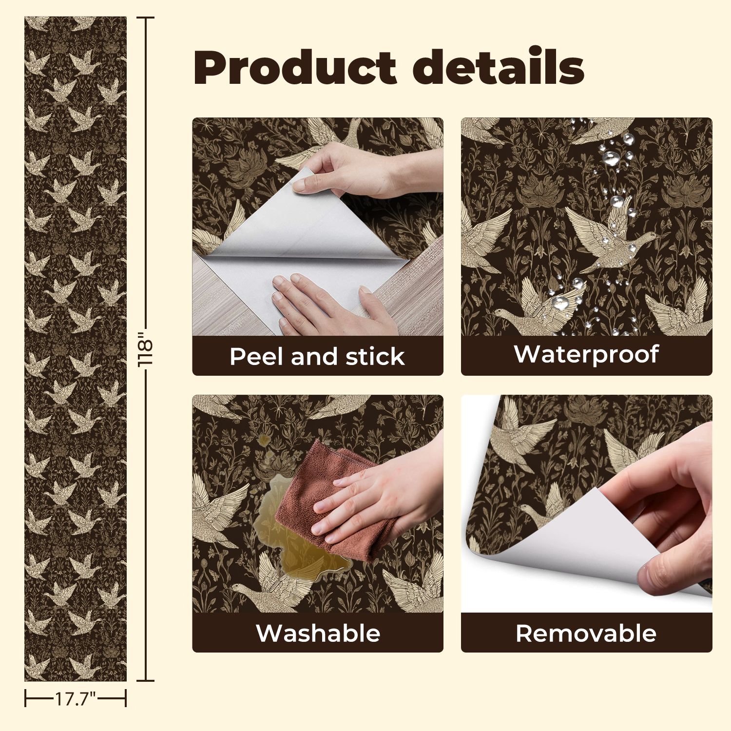 Hunt Peel and Stick Wallpaper 17.7in x 9.8ft Vintage Floral Birds Neutral Tones Contact Paper Vinyl Waterproof Self Adhesive Wall Paper for Bedroom Shelf Cabinet Renter Friendly