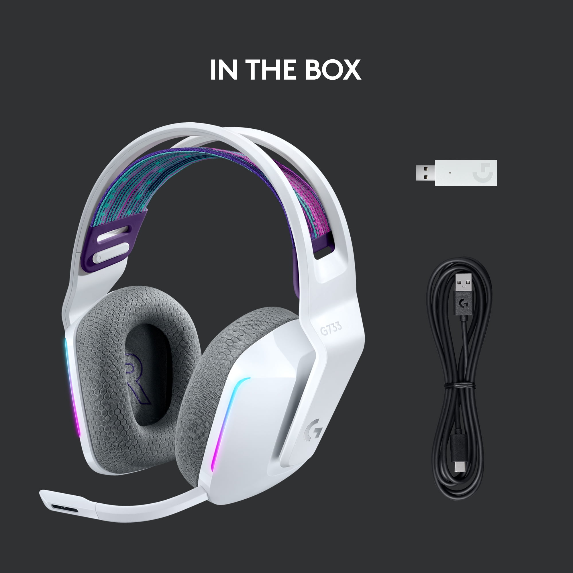 Logitech G733 LIGHTSPEED Wireless Gaming Headset with suspension headband,  LIGHTSYNC RGB, Blue VO!CE mic technology and PRO-G audio drivers, White 