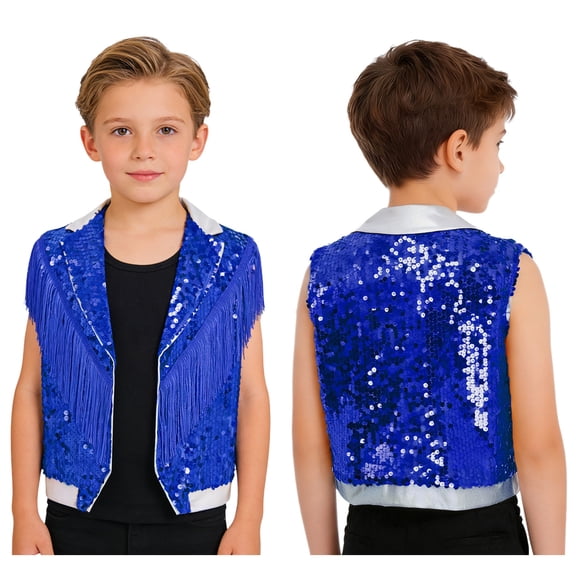Sholeno Boys Girls Glittery Sequin Tassel Jazz Dance Vest Waistcoat Disco Stage Performance Sleeveless Jacket Royal Blue 8