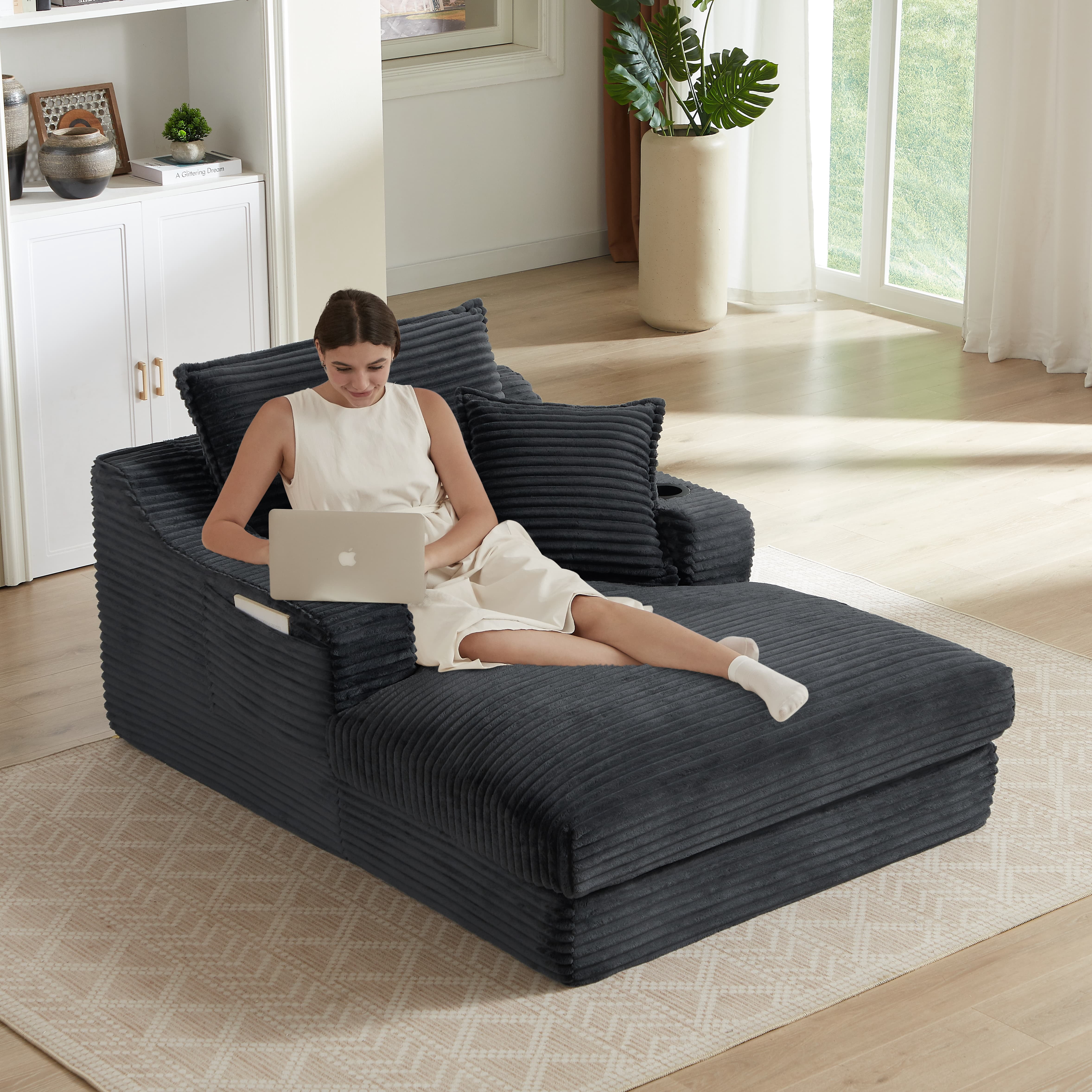 MAYEERTY Oversized Compression Chaise Sofa, Comfortable Corduroy Lounge for Living Room, Apartment, 47×68×35"Gray