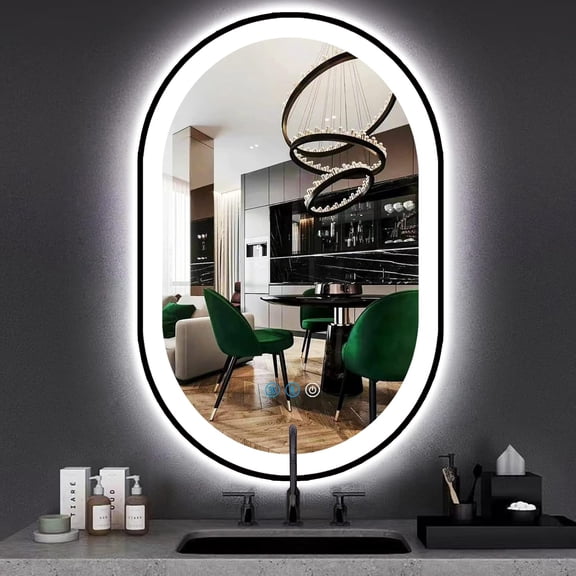 Black Oval LED Mirror 24 x 36 inch  Bathroom Black Oval Lighted Vanity Mirror with Lights Black Frame Bathroom Smart Light up Oval digital mirror 36" oval mirrors for bathroom