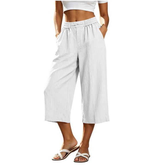 Ltctricy Wide Leg Capri Pants for Women Loose Fit Casual Cotton Linen Pants Beach Vacation Clothes with Pockets(White,X-Large)