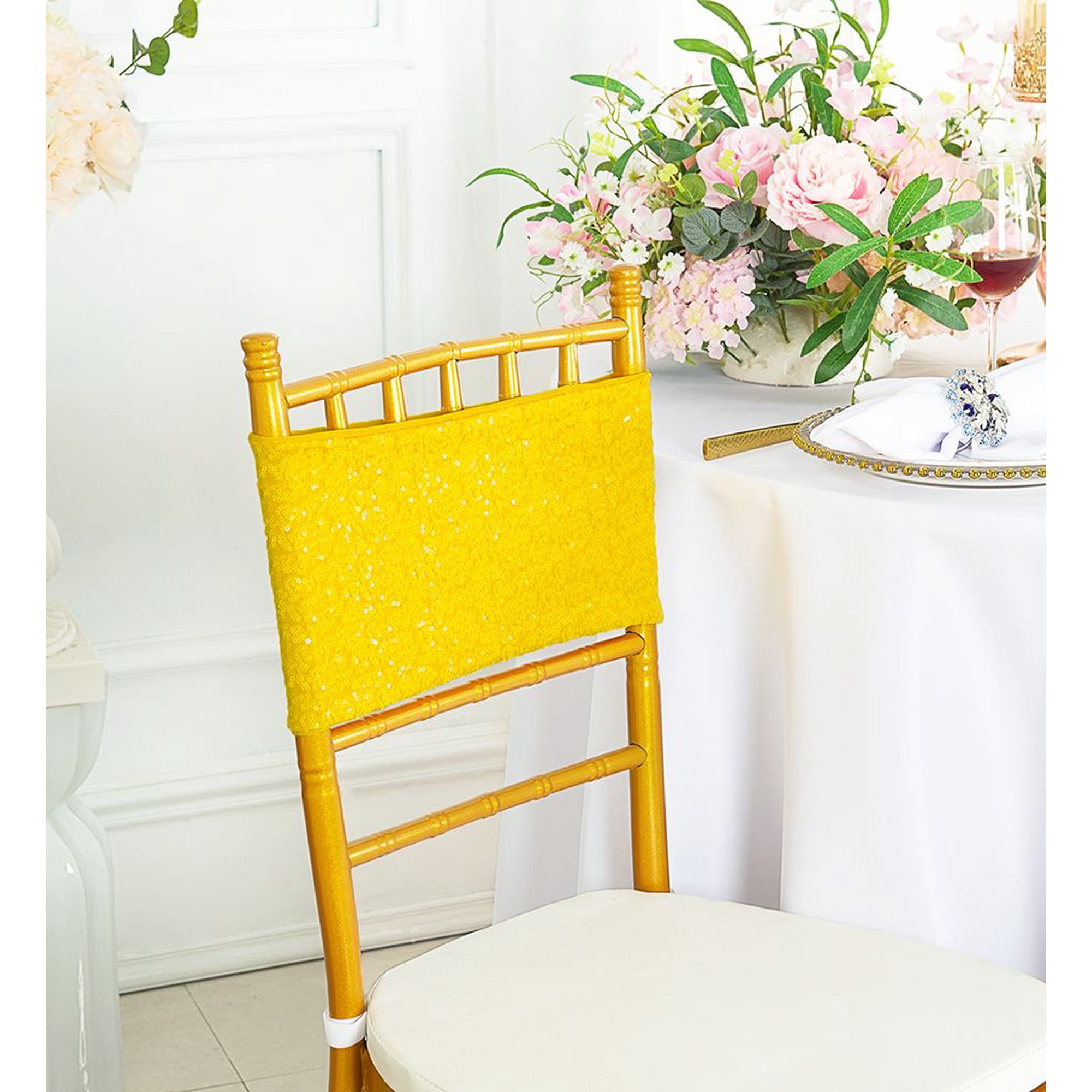 Wedding Linens Inc. (10pcs) 7"x 13" Sequin Spandex Elastic Lycra Stretch Chair Bands Chair Sashes for Wedding, Luxury Events, Party use - Canary Yellow