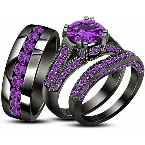 beryl_creation Unisex 1.25 Ct Round Cut Purple Amethyst Engagement Wedding Trio Ring Set 14K Black Gold Plated 925 Sterling Silver For Men's & Women's -9.5