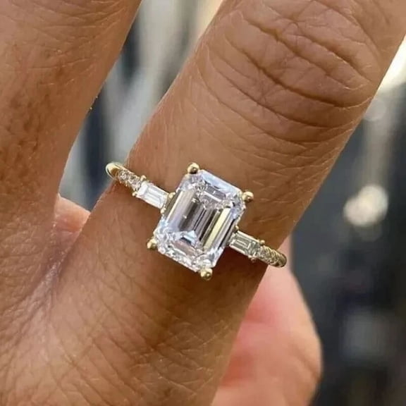 3 Ct Emerald Cut VVS1 Moissanite Three Stone Wedding Ring 14K Yellow Gold Plated