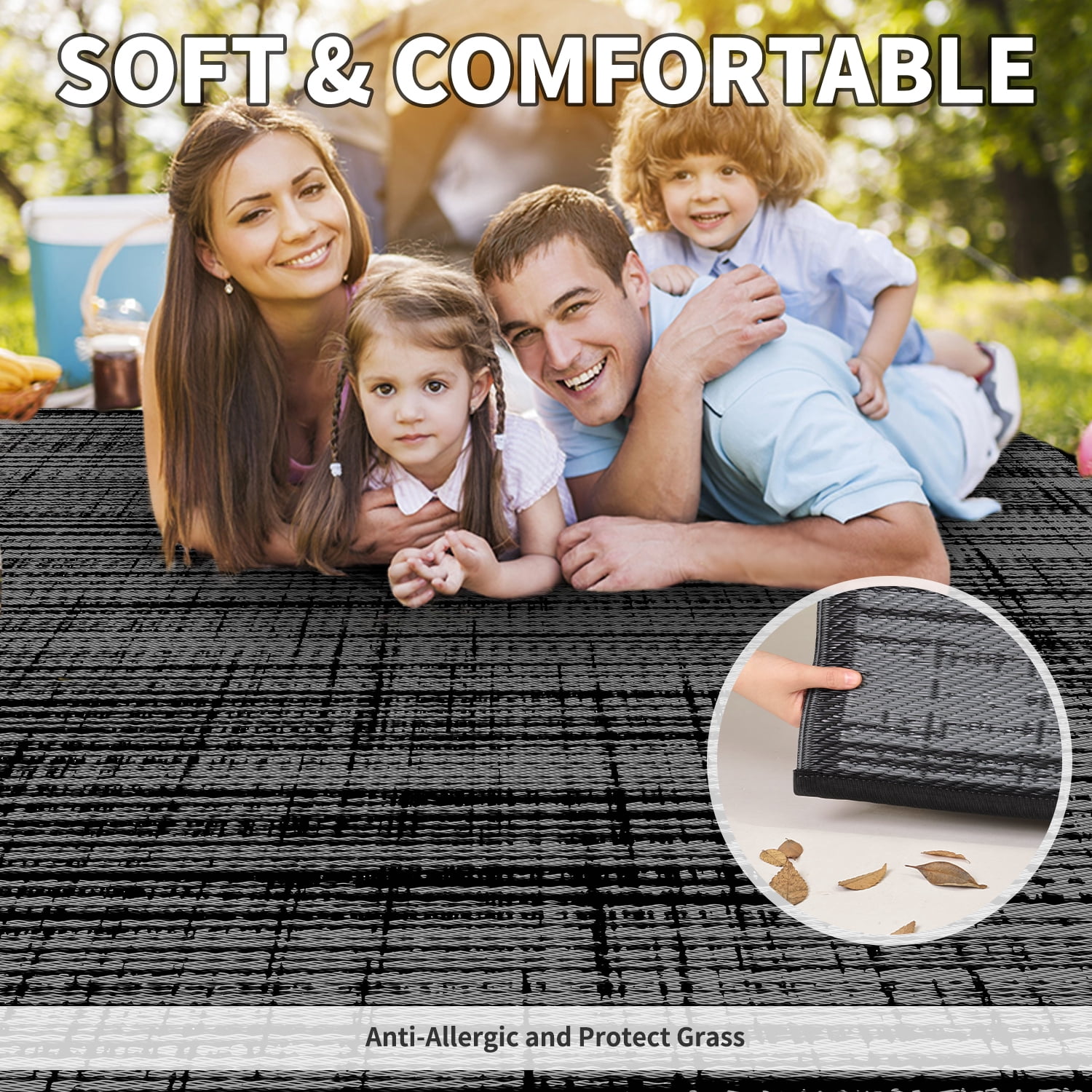 VUNATE Outdoor Rug Carpet 5'x8' Waterproof Reversible Patio Rug Portable Modern Abstract Indoor Outdoor Rug Plastic Straw Rug for RV Camping Garden Picnic Deck Backyard Porch Decor Black and Gray