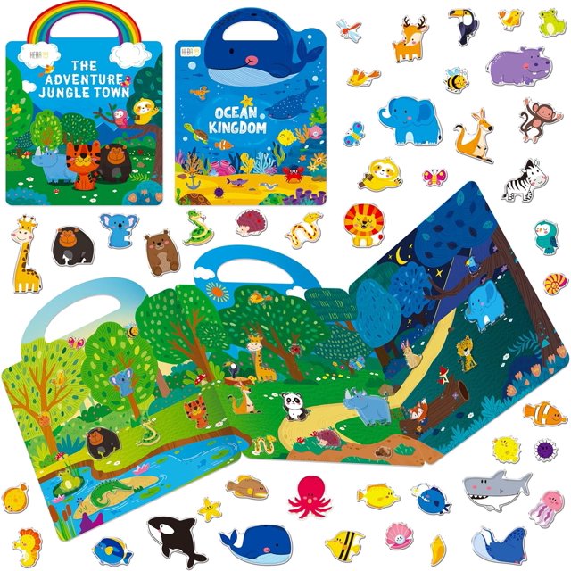 czcpp-2 Packs Jelly Sticker Book, 72 Thick Animals Jelly Stickers Waterproof Gel Cling Decals, Wild & Marine Animal-Themed Matching Game, Reusable Craft Activity Book Educational Learning Toys for To