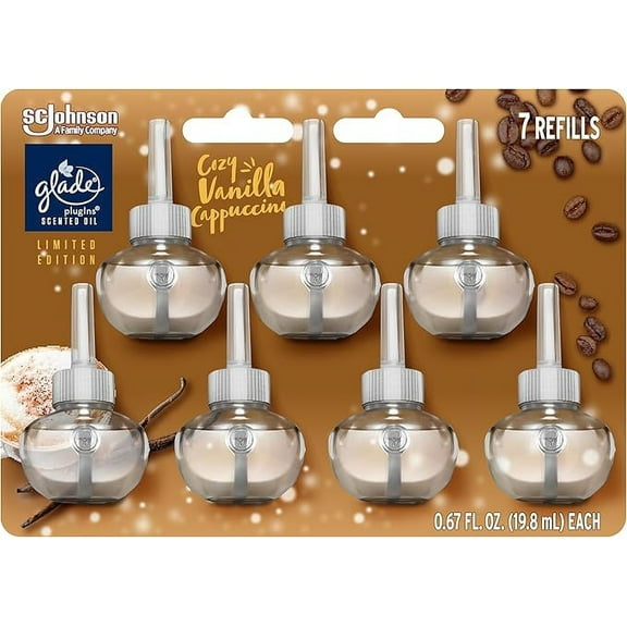 Glade PlugIns Refills Air Freshener, Scented and Essential Oils for Home and Bathroom, Cozy Vanilla Cappuccino, Limited Edition Scent, 4.69 Fl Oz, 7 Count