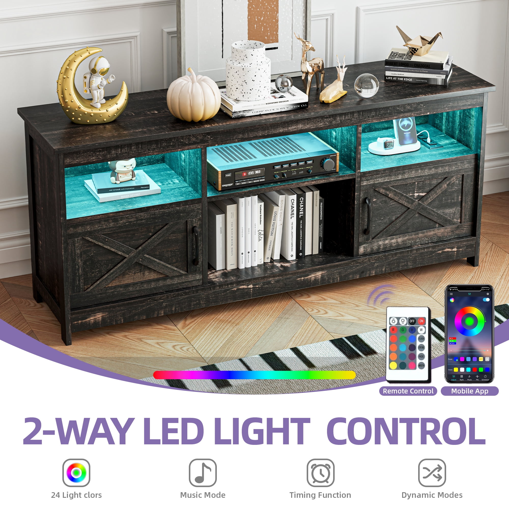 Uforic Farmhouse-Inspired TV Stand with Power Outlet, LED-Lit Media Console, Simplistic TV Cabinet for Living Room or Bedroom, Dark Rustic Oak, 59 Inch