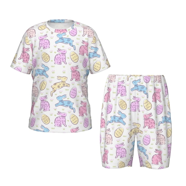 Balery Easter Colorful Rabbit Conjunto de Pijama Infantil de Manga Corta con Estampado – Ropa de Dormir de Algodón Suave-3X-Large