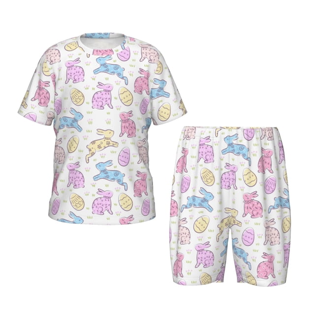 Fotbe Easter Colorful Rabbit Pijama Estampada de 2 Piezas para Niños – Ropa de Dormir de Manga Corta Cómoda para Niños y Niñas, Camiseta y Shorts de Algodón-Large