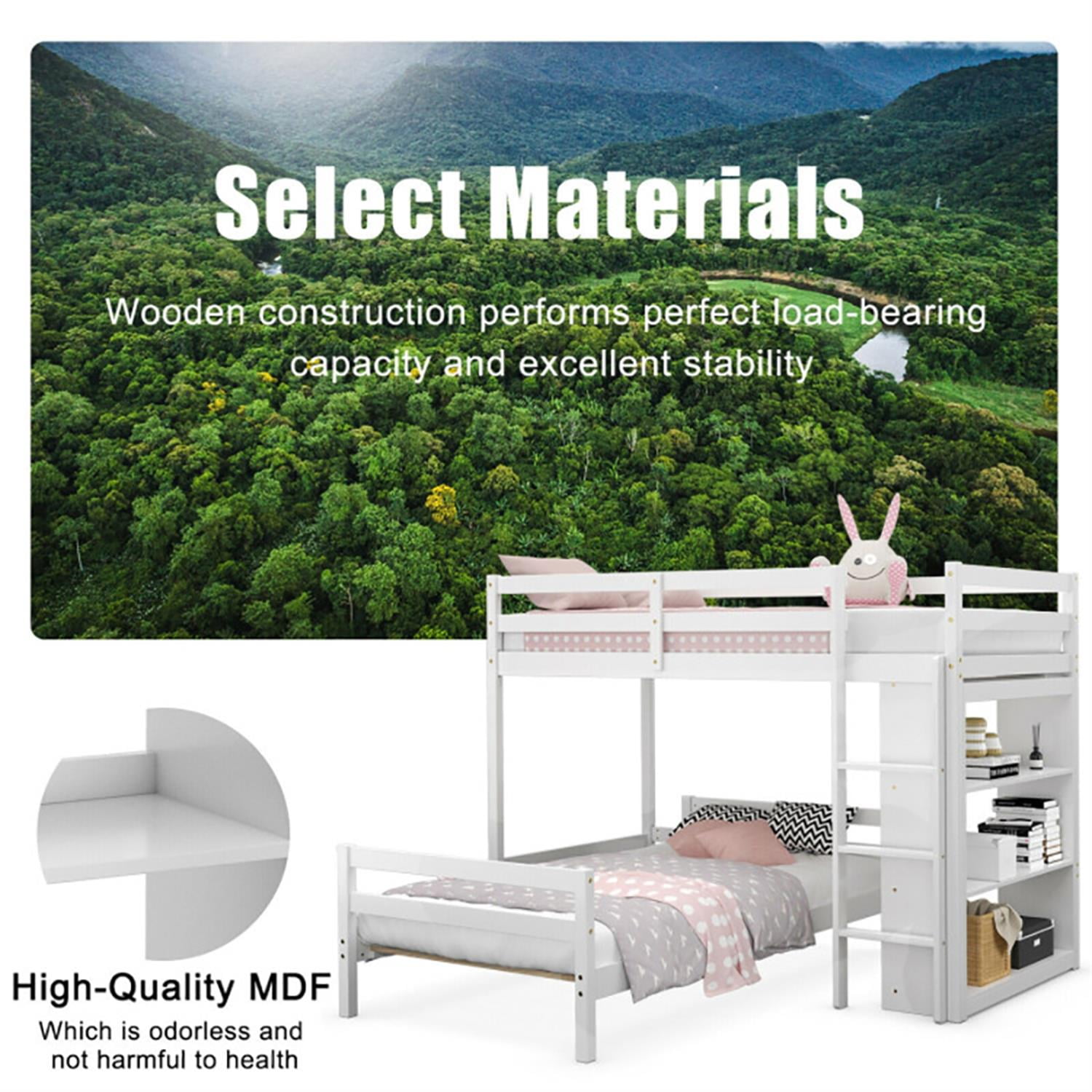 Demi Bonn Twin Over Twin Loft Bunk Bed with Bookcase, Twin Bunk Beds, Space-saving Solid Wood House Bed Frame, White