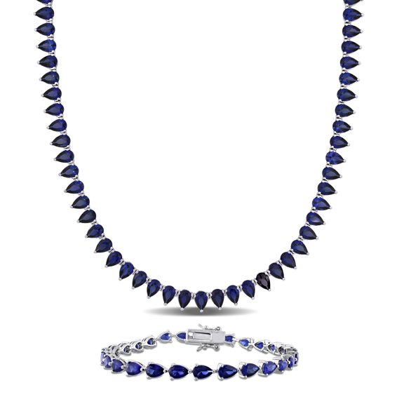 Everly Women's Created Blue Sapphire Sterling Silver Necklace and Bracelet Set - 18 in 7.25 in