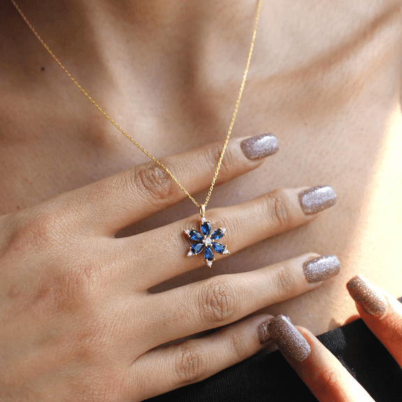 2.00CT Blue Sapphire 925 Silver Women's Flower Pendant In 14K Yellow Gold Plated