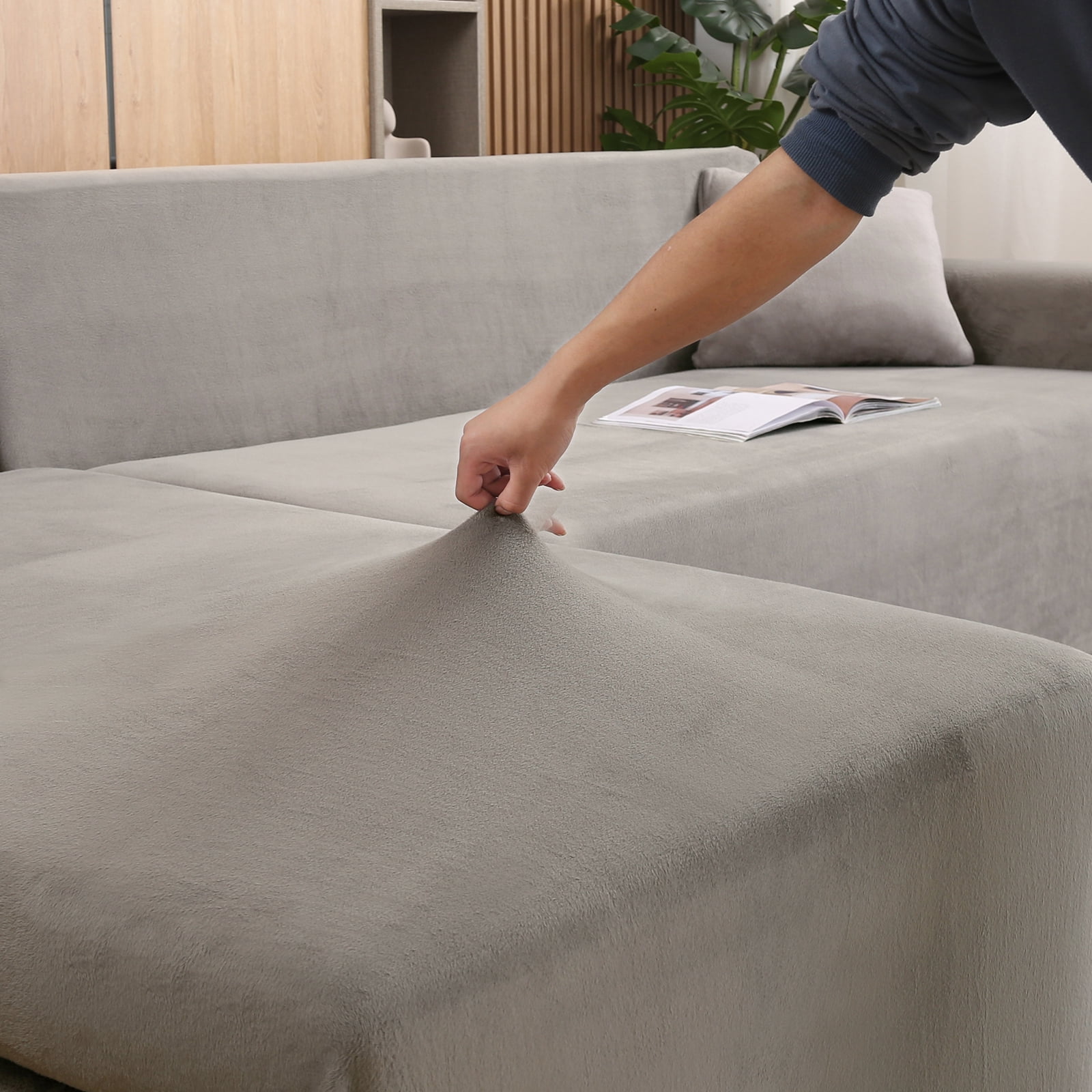 SHANNA Sectional Sofa Slipcovers Thick Velvet L Shape Couch Covers, 2Pcs Stretch Anti-Slip Sofa Covers 3 Seater + 3 Seaters Chaise Cover Furniture Protector,Light Gray