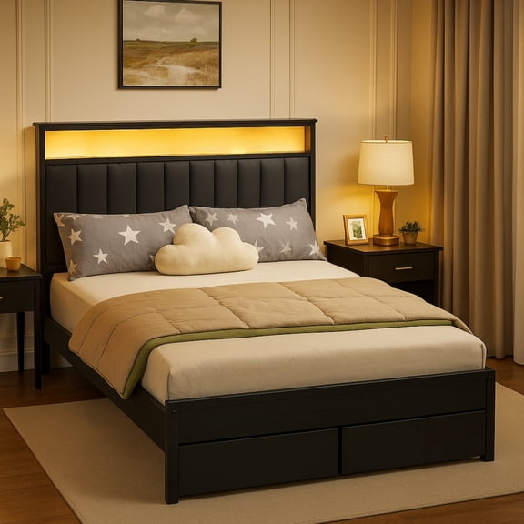 Dyzom Full Size Bed Frame with Upholstered Headboard, Platform Full Bed with 2 Storage Drawers and LED Lights, Built in Charging Station, Heavy Duty Metal Support, Noise Free, No Box Spring Needed