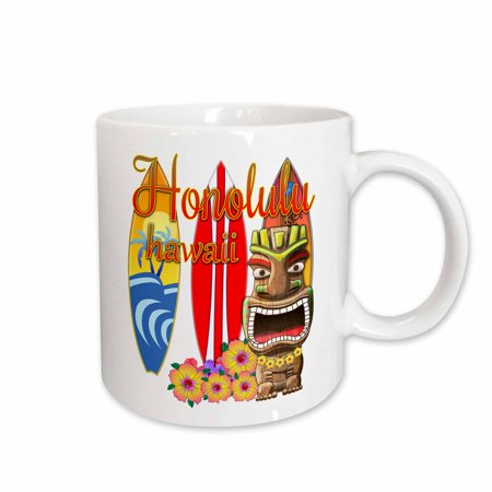 

3dRose Cute Honolulu Hawaii with a Tiki statue surfboards and flowers. - Ceramic Mug 11-ounce