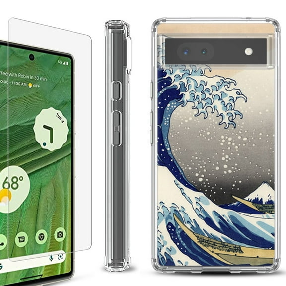 Shockproof Bumper Phone Case for Google Pixel 6a, with Tempered Glass Screen Protector, by OneToughShield ® - Great Wave