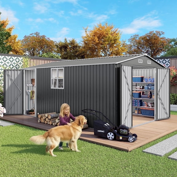 Vigo huseeo 10x14FT Metal Outdoor Storage Shed with Front and Side Doors, Garden Shed for Backyard (Gray)