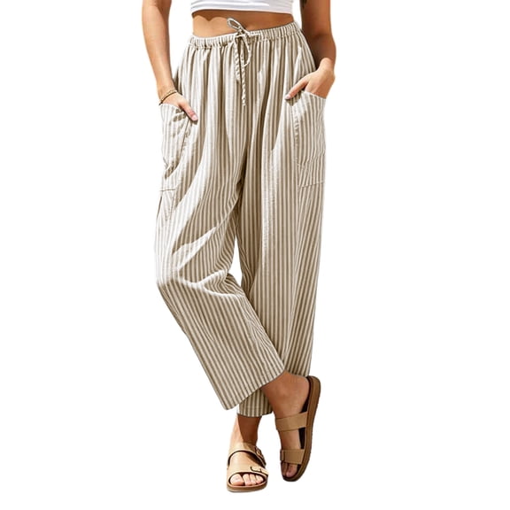 PWPSG Womens Striped Wide Leg Capri Pants, Drawstring Waist Construction, Breathable Fabric with Relaxed Fit for Resort Casual Gathering Brown M