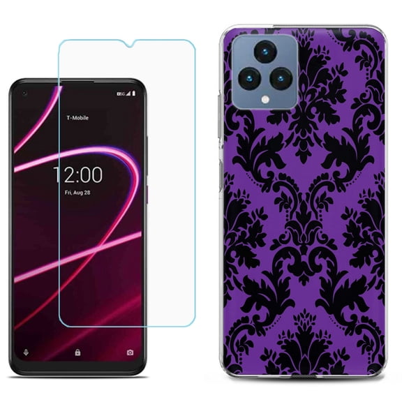 Slim-Fit Gel TPU Fashion Phone Case for T-Mobile Revvl 6 5G, with Tempered Glass Screen Protector, by OneToughShield ® - Victorian Purple/Black