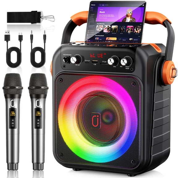 JAUYXIAN Karaoke Machine for Adult, Bluetooth Speaker with 2 Microphones for Party, Portable Home Singing Speaker with RGB Light, Easy Control, Stereo Sound