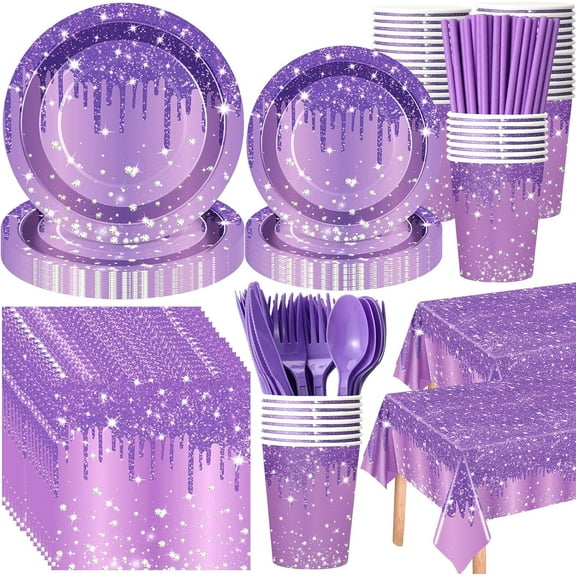 452 Pcs Purple and Silver Birthday Party Decorations Include Glitter Purple Paper Plates and Napkins Cups Tablecloth Cutlery Straws Disposable Tableware Set for Women Birthday Supplies，Disposable cup