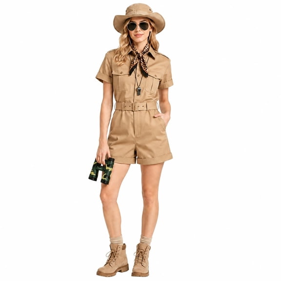 Women's Safari Romper Khaki Utility Jumpsuit with Belt Short Sleeve Cargo Playsuit for Halloween Costume Theme Party Outdoor Travel Casual Wear