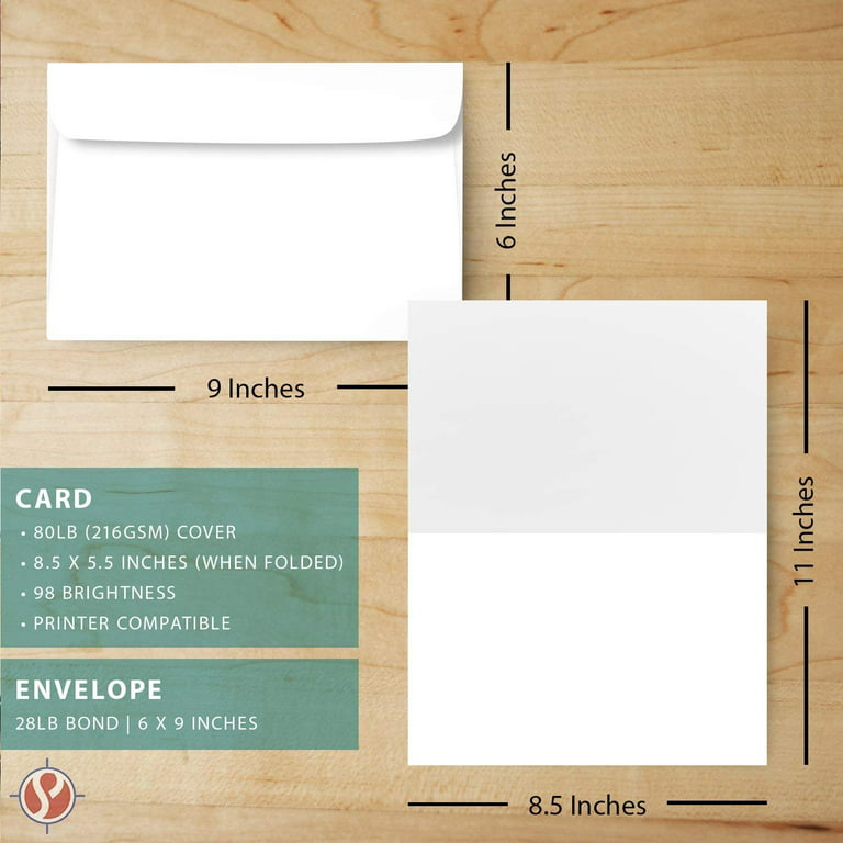 Big Blank Scored Folding Cards Set – 8.5 x 11” White Cardstock and 6 x 9”  Envelopes | Perfect for Business Greetings, Invitations, Bridal Shower