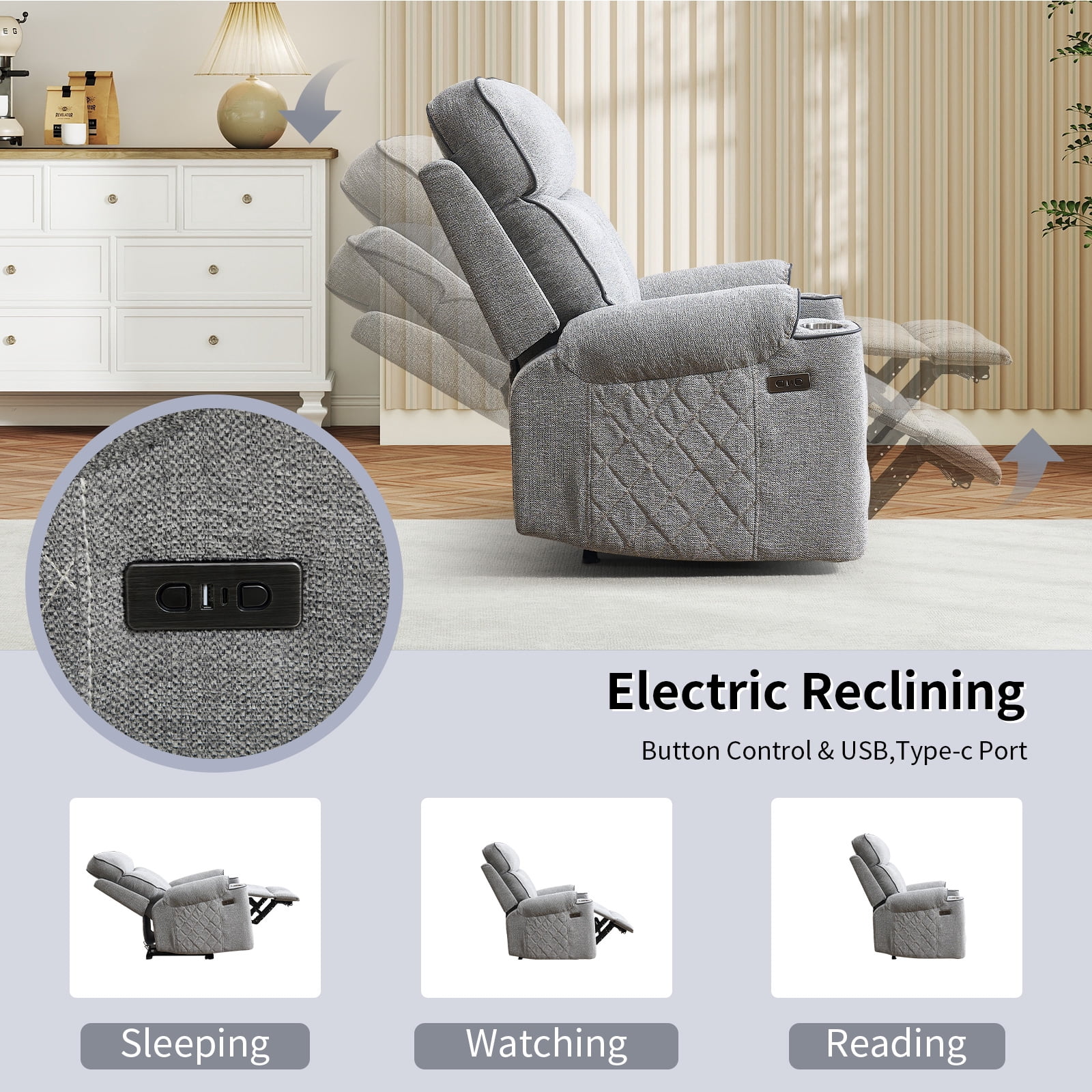 Bonzy Home Power Recliner Chair — Electric Fabric Recliner with Cup Holders & USB-C Charging Ports, Diamond Grid Upholstery, Light Grey