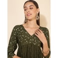 thumbnail image 6 of Janasya Women's Olive Rayon Yoke Foil Printed Gathered Dress, 6 of 7