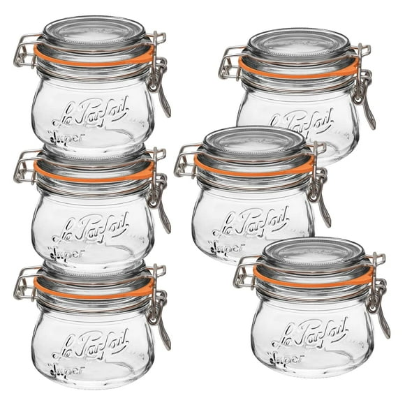 Le Parfait Super Jar, Canning Jars, 250mL French Glass Canning Jar w/Round Body, Glass Jars w/Airtight Lid, Canning Jars Wide Mouth, Glass Jar w/Lid, Clear Jars, Clear Glass Jars (8oz/Half Pint, 6 pk)