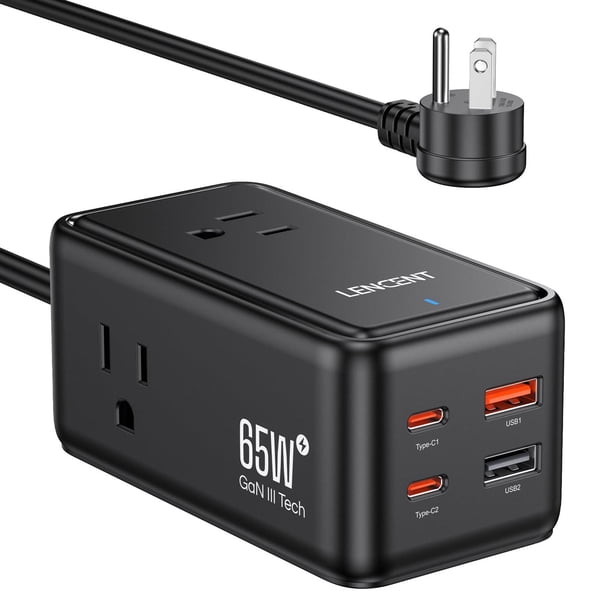 LENCENT Cargador USB C y PD 65W, Cargador Rápido GAN III Tech con 3 Tomas CA + 4 Puertos USB, Estaci