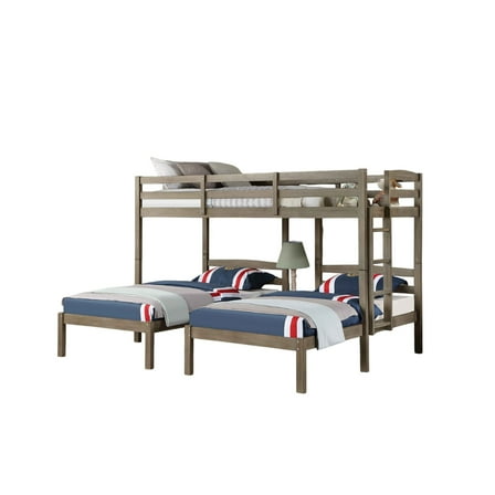Tenn Triple Twin Bunk Bed, Built In Nightstand and USB Port, Gray Wood