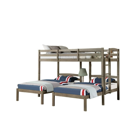 Tenn Triple Twin Bunk Bed, Built In Nightstand and USB Port, Gray Wood