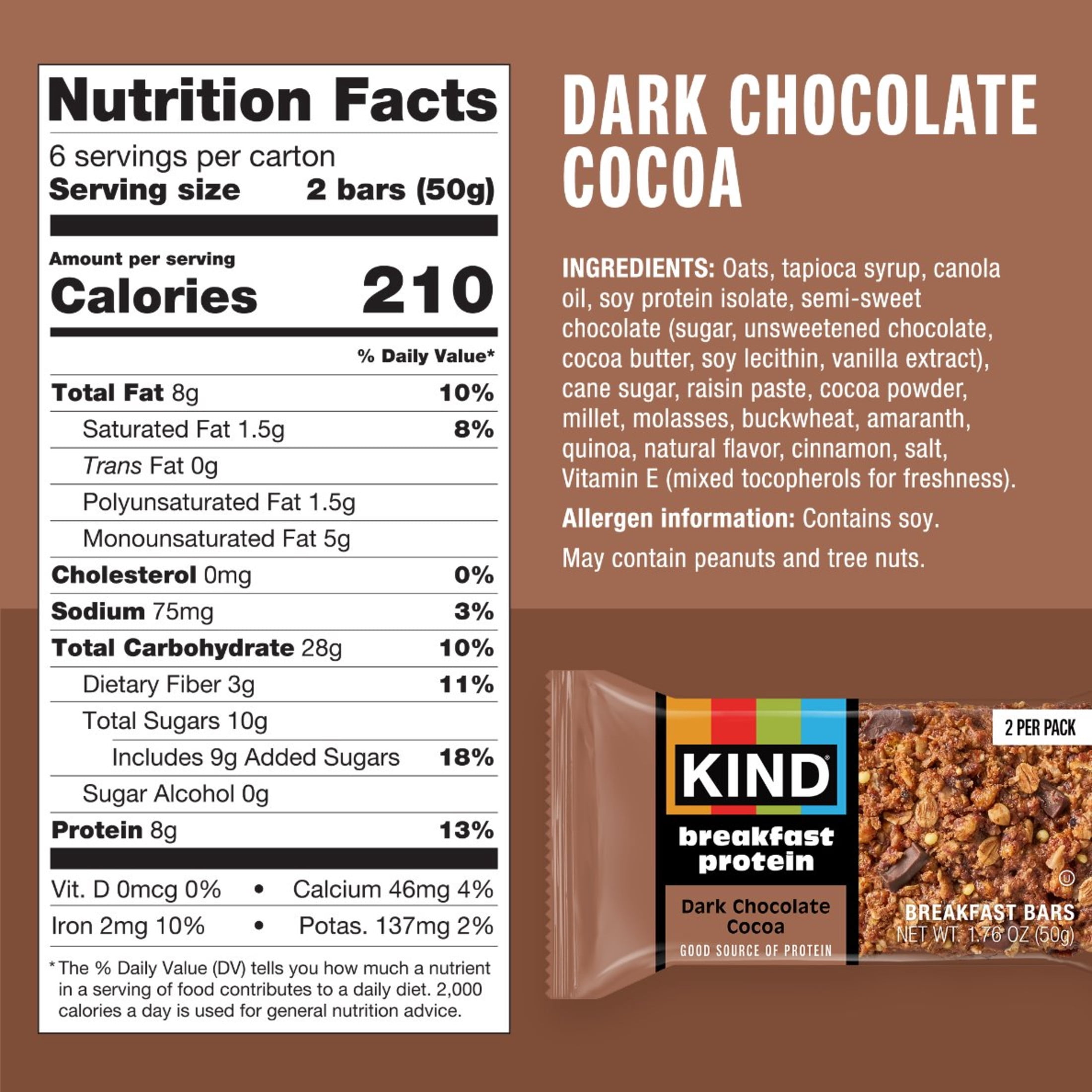 (10 pack) KIND Breakfast Gluten Free Dark Chocolate Cocoa Protein Snack Bars, 1.76 oz, 6 Count