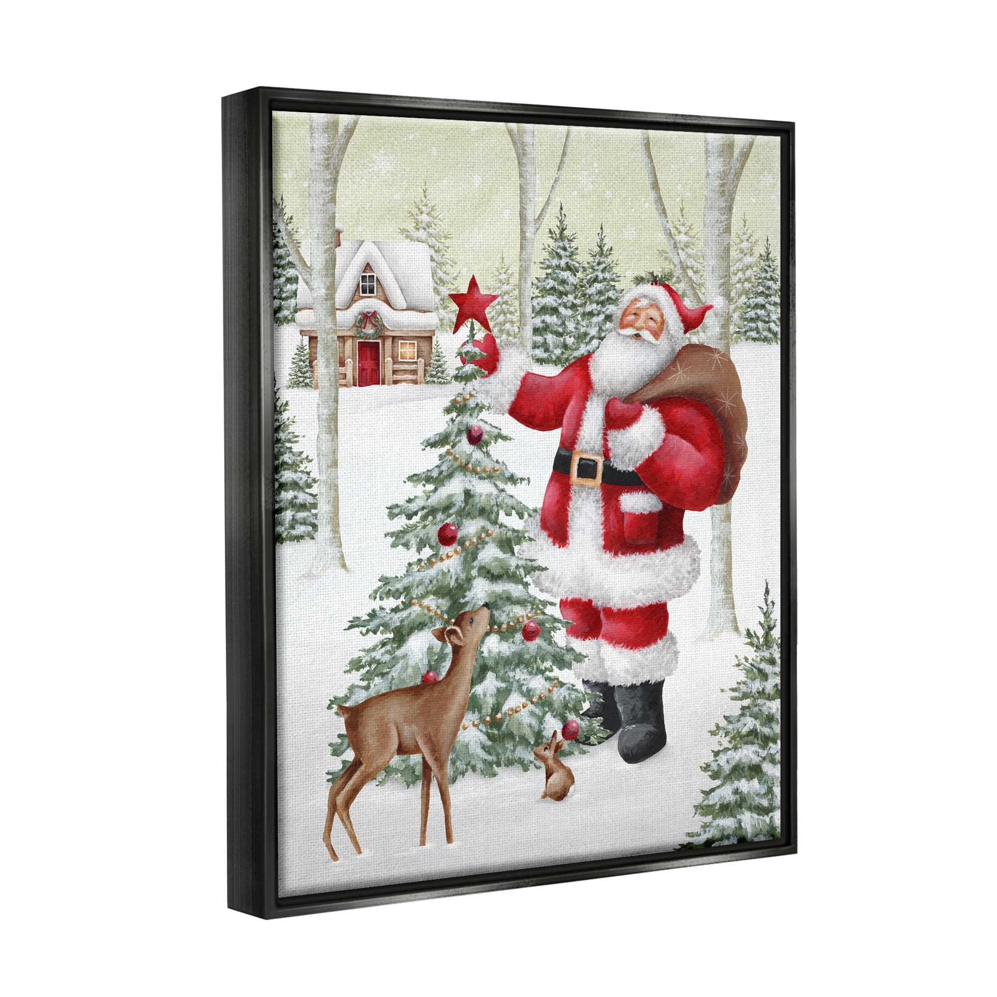 Stupell Industries Santa & Snowy Cabin Holiday Painting Black Floater Framed Canvas Art Print Wall Art, 25 x 31