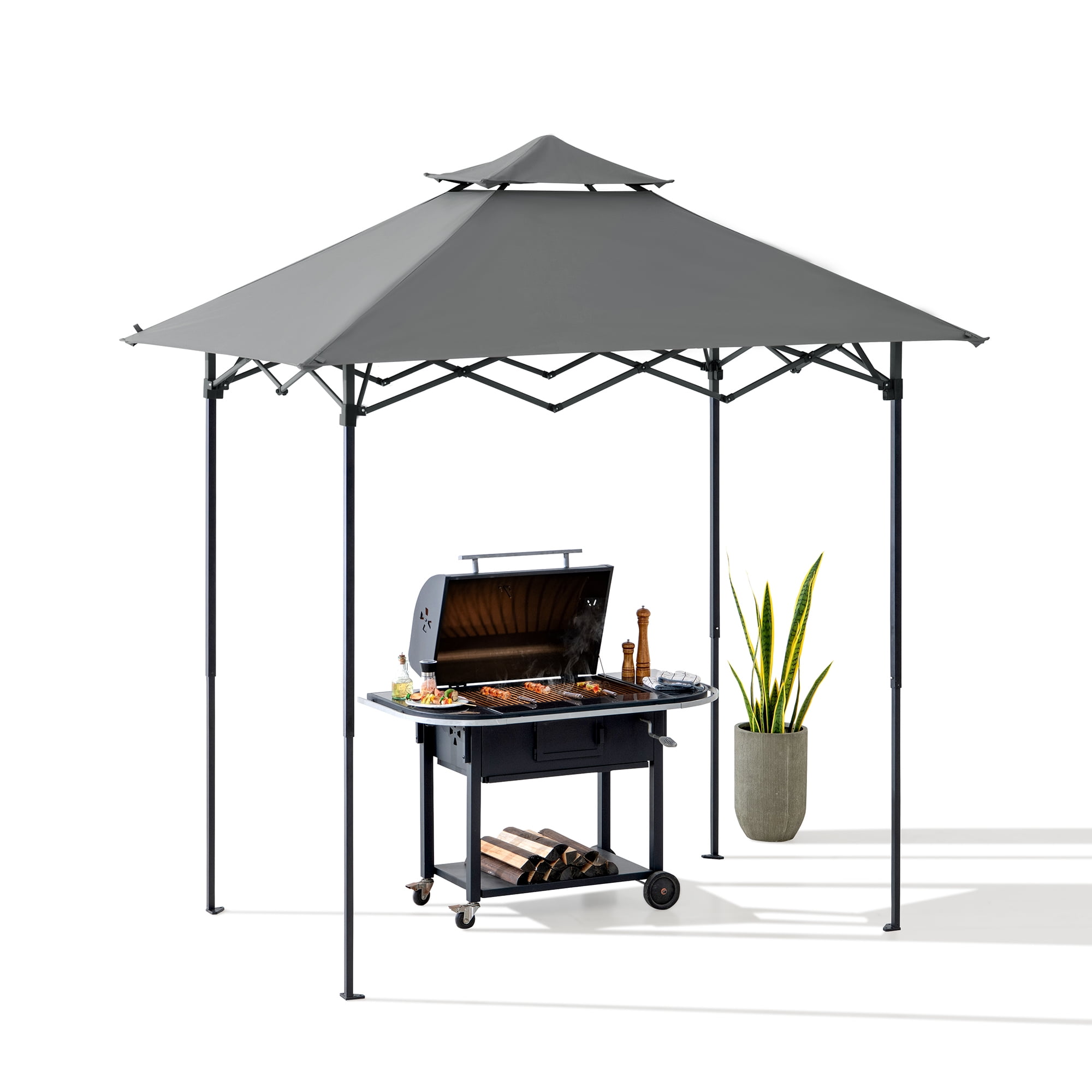 Sunjoy 8' x 5' Grill Gazebo Double Tiered Outdoor Gazebo Standing-Height Canopy with Magnetic LED Light, Adjustable Ceiling Height, for BBQ,Picnics, Outdoor Events, Gray