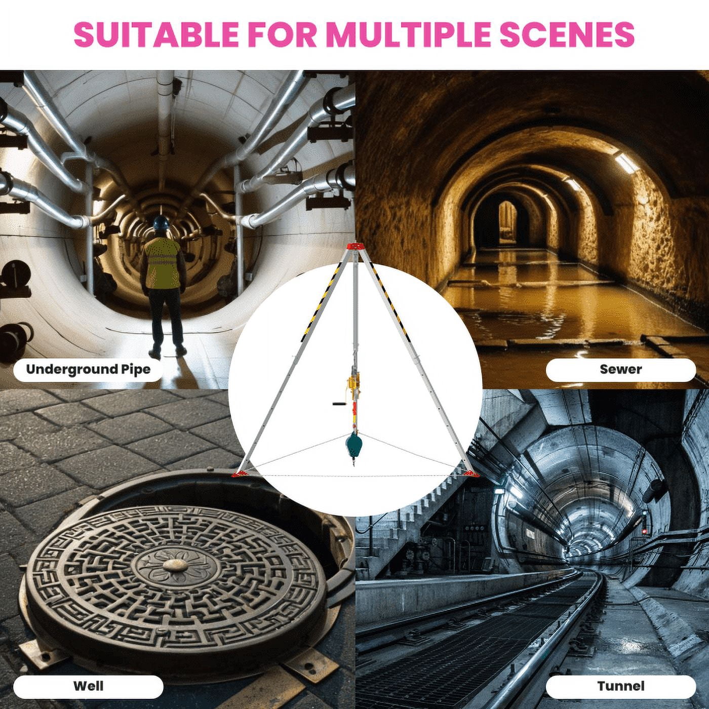 2600LBS Manhole Tripod, 33kg Portable, Quick Adjustment, Complete Kit, Tripod for Confined Spaces, Confined Space Tripod Kit, Shaft, Pipe, Industrial Environments