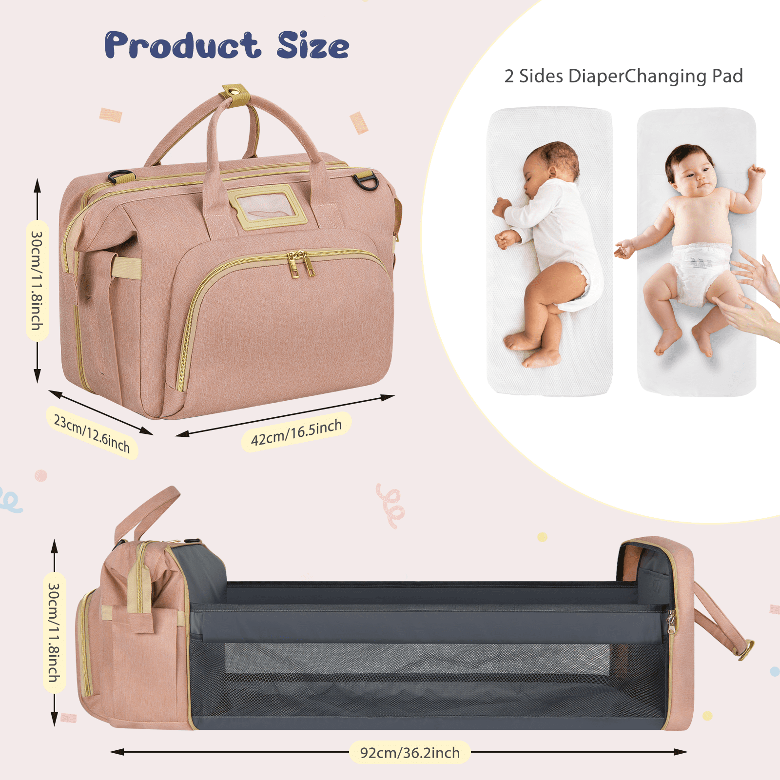 Diaper Bag Tote, Multifunctional Baby Changing Bag with Insulated Milk Bottle Pockets, Large Capacity Travel Backpack W/ USB Charging Port & Stroller Straps, Portable Newborn Baby Bags(Pink)