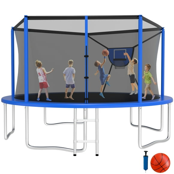 Jump Into Fun Trampoline 14FT 8 10 12 15 16FT Outdoor Trampoline for Kids and Adults with Enclosure and Basketball Hoop, 1400LBS Weight Capacity for 6-8 Adults and Kids, Easy Assembly