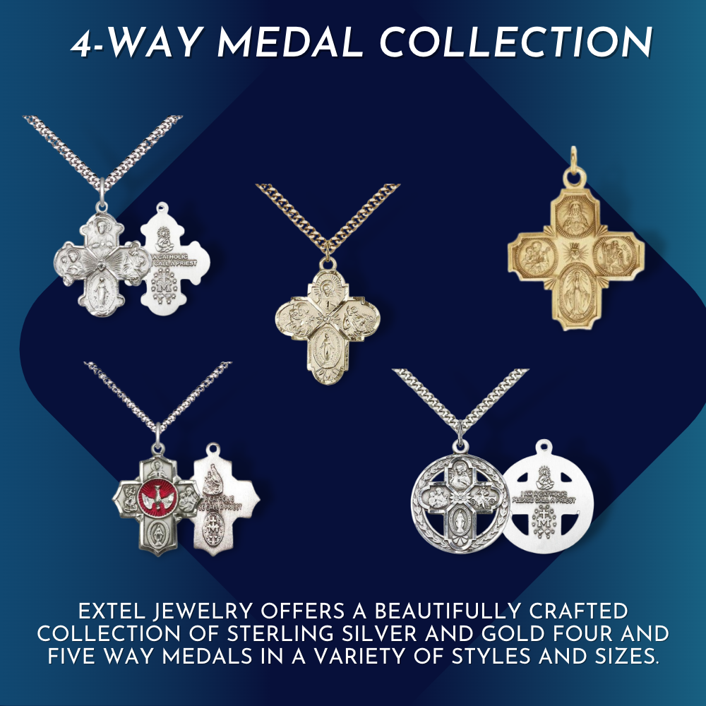 Catholic 4-Way Medal Cross Cruciform Pendant with Miraculous Medal