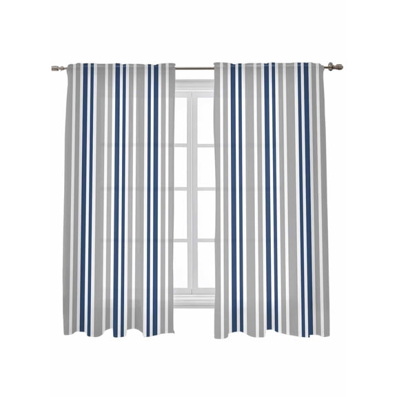 Navy Blue Grey Stripes Curtains 63 Inch Length,Sheer Curtains for Bedroom Living Room Window Simple Striped Lines Minimalist Rod Pocket Drapes Kitchen Curtains Small Half Window 42"x63" 2 Panels