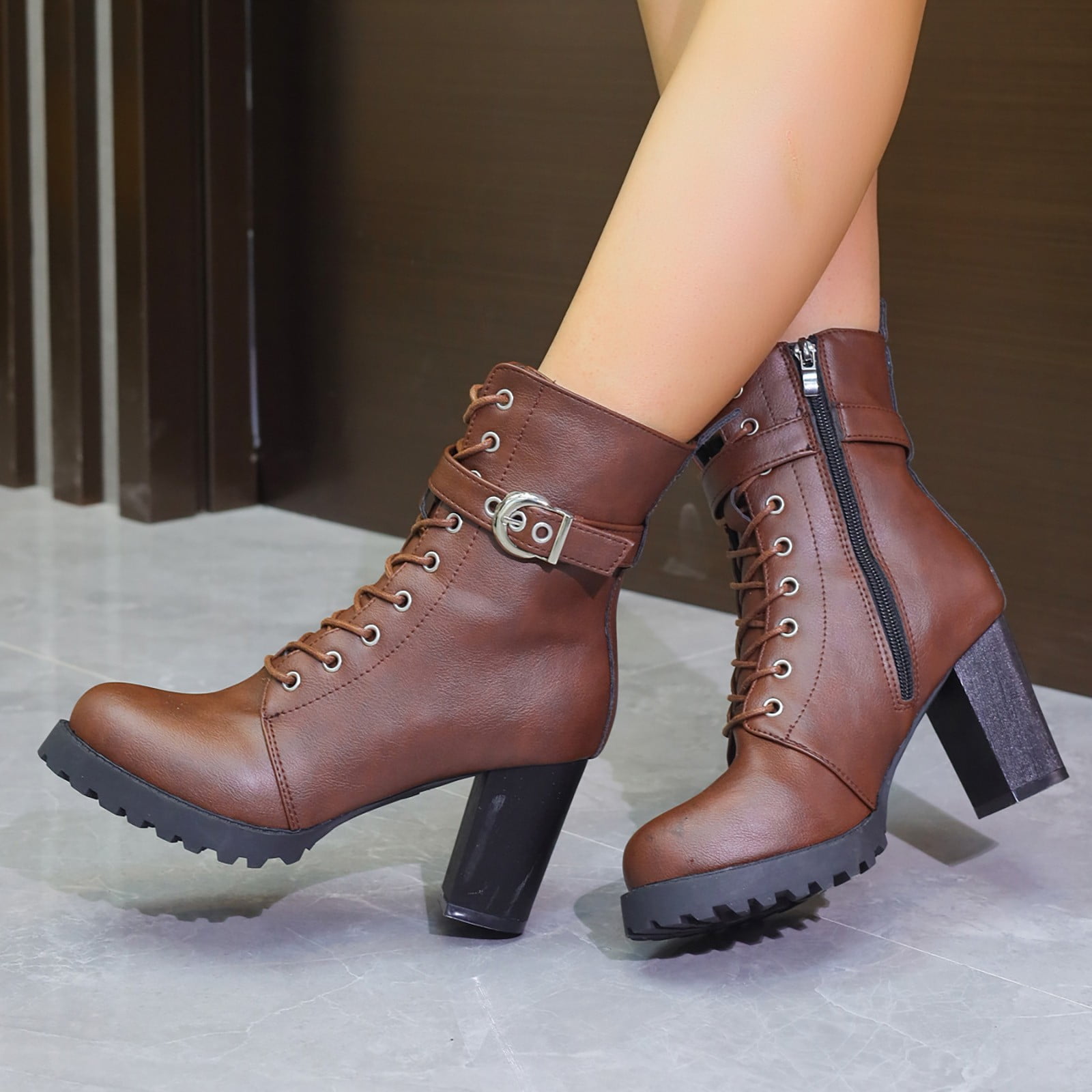 Wyzesi Ankle Boots Brown Heel Ladies New Solid Leather Large