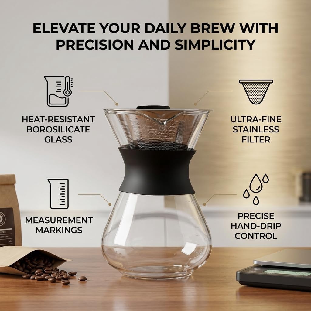 Waayee Pour over Coffee Maker Set, 14 oz Glass and Stainless Steel Single Cup Coffee Brewer with Reusable Filter, BPA-Free
