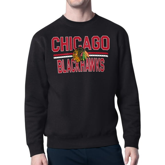 Men's Starter Black Chicago Blackhawks Mesh Look Team Name Logo Pullover Sweatshirt